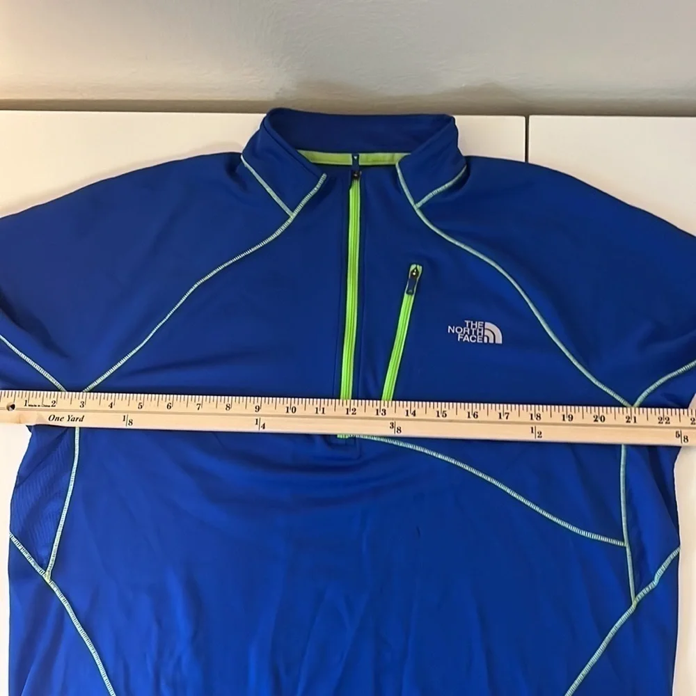THE North Face 1/2 zip, size large, cobalt blue and chartreuse trim, good shape